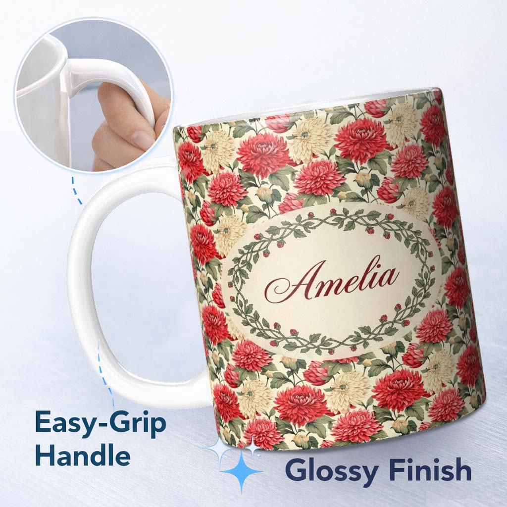 Personalized Custom Name Red and Cream Chrysanthemum Floral Garden Seamless Pattern Lovely 11oz Ceramic Coffee Tea Mug White Large Handle
