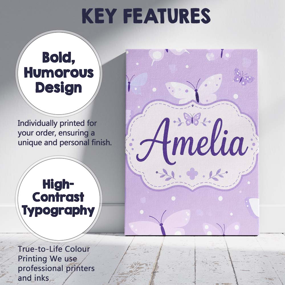 Personalised Name Cute Purple Butterflies Custom  Unique Gift Idea Elegant Feature Canvas Wall Art Print Decor Picture Ready to Hang