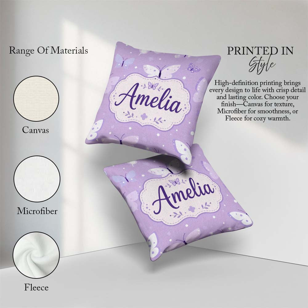 Custom Name Cute Purple Butterflies with Soft Abstract Seamless Square Filled Cushion Throw Pillow Sofa Bed Home Decor Zip Washable UK Made