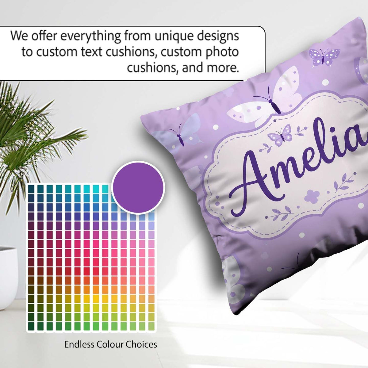 Custom Name Cute Purple Butterflies with Soft Abstract Seamless Square Filled Cushion Throw Pillow Sofa Bed Home Decor Zip Washable UK Made