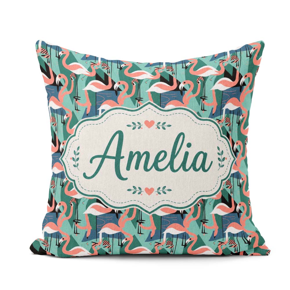 Custom Name Modern Flamingo Birds with Geometric Jungle Seamless Square Filled Cushion Throw Pillow Sofa Bed Home Decor Zip Washable UK Made