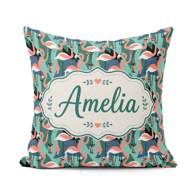 Custom Name Modern Flamingo Birds with Geometric Jungle Seamless Square Filled Cushion Throw Pillow Sofa Bed Home Decor Zip Washable UK Made