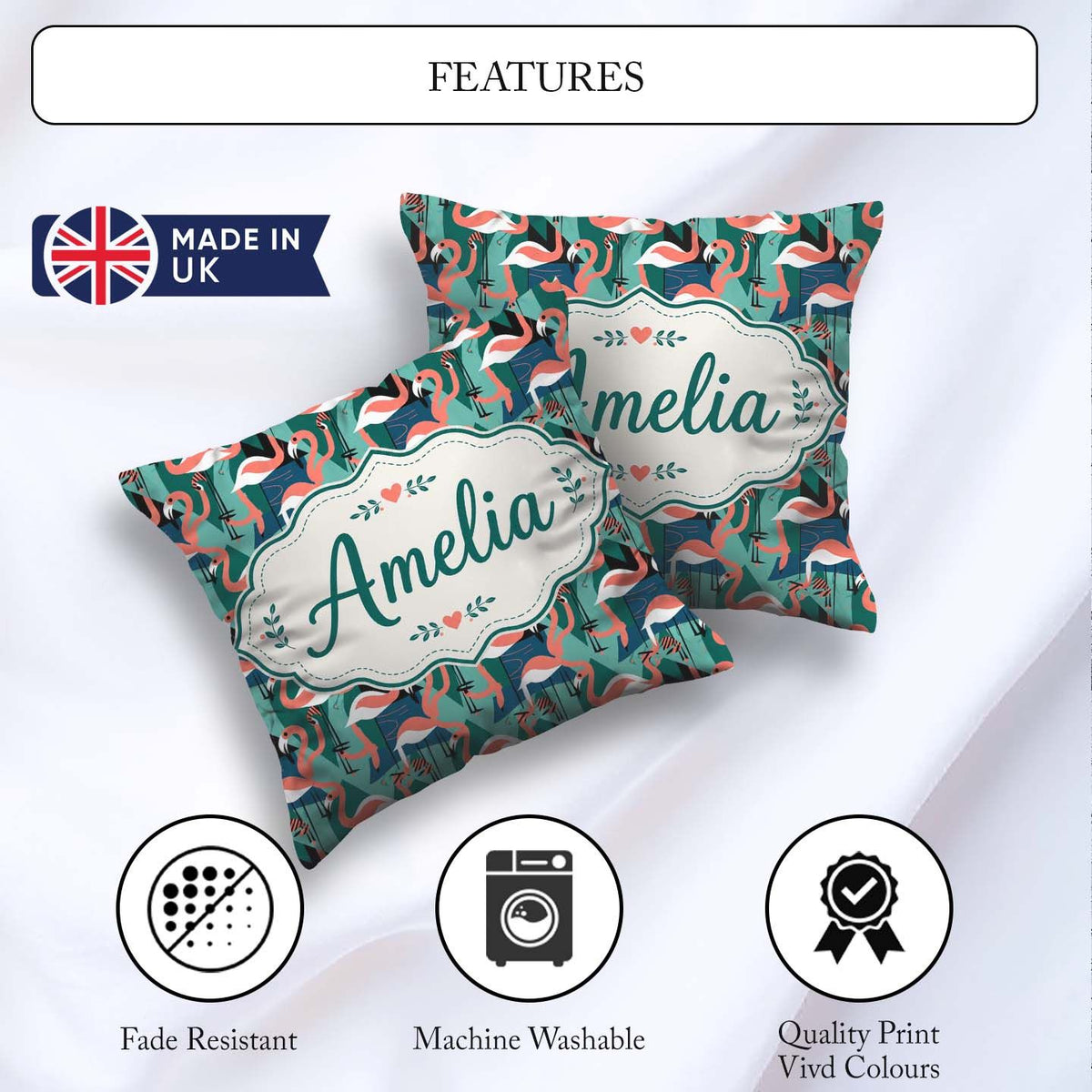 Custom Name Modern Flamingo Birds with Geometric Jungle Seamless Square Filled Cushion Throw Pillow Sofa Bed Home Decor Zip Washable UK Made