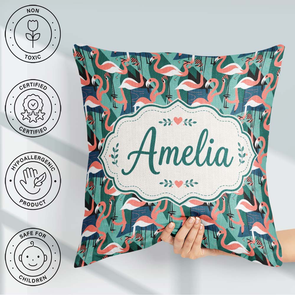 Custom Name Modern Flamingo Birds with Geometric Jungle Seamless Square Filled Cushion Throw Pillow Sofa Bed Home Decor Zip Washable UK Made