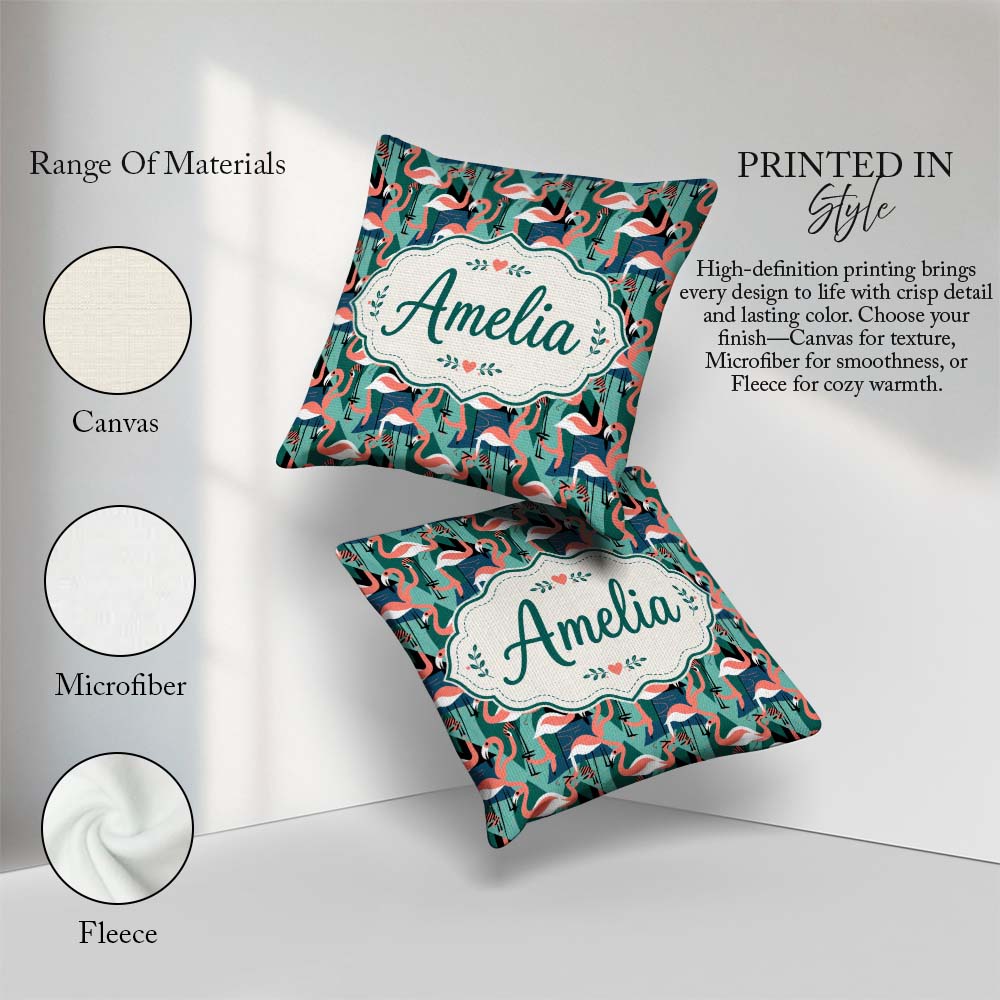 Custom Name Modern Flamingo Birds with Geometric Jungle Seamless Square Filled Cushion Throw Pillow Sofa Bed Home Decor Zip Washable UK Made