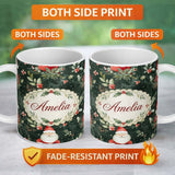 Personalized Custom Name Watercolor Santa Claus Winter Foliage Dark Green Seamless Pattern 11oz Ceramic Coffee Tea Mug White Large Handle