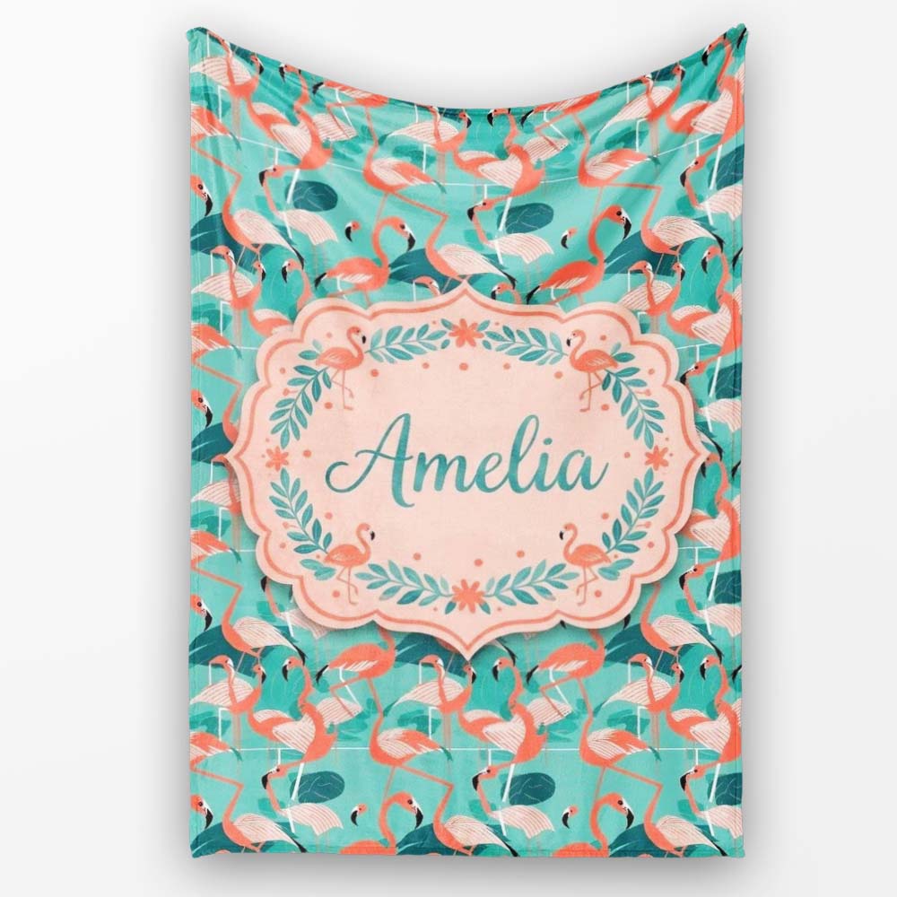 Modern Flamingo Birds with Teal Tropical Leaves Seamless Pattern  Personalised Custom Name Super Soft Fleece Blanket Bed Sofa Throw