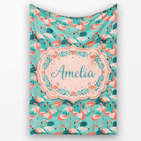 Modern Flamingo Birds with Teal Tropical Leaves Seamless Pattern  Personalised Custom Name Super Soft Fleece Blanket Bed Sofa Throw