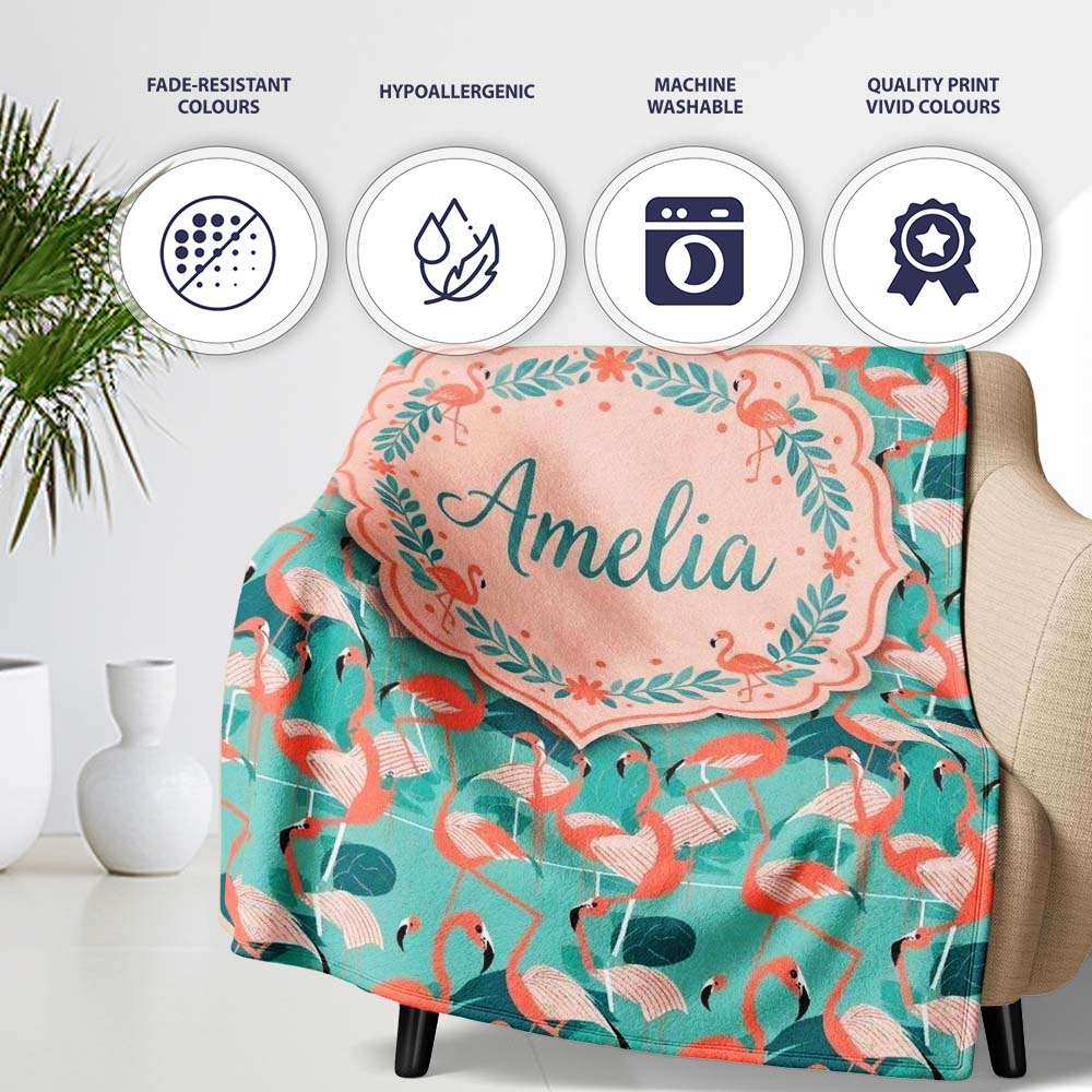 Modern Flamingo Birds with Teal Tropical Leaves Seamless Pattern  Personalised Custom Name Super Soft Fleece Blanket Bed Sofa Throw
