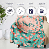 Modern Flamingo Birds with Teal Tropical Leaves Seamless Pattern  Personalised Custom Name Super Soft Fleece Blanket Bed Sofa Throw