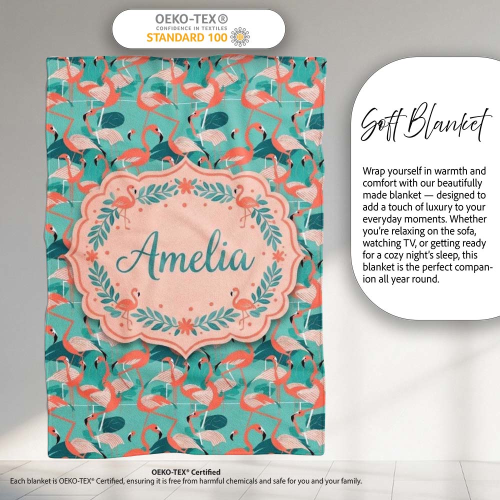 Modern Flamingo Birds with Teal Tropical Leaves Seamless Pattern  Personalised Custom Name Super Soft Fleece Blanket Bed Sofa Throw