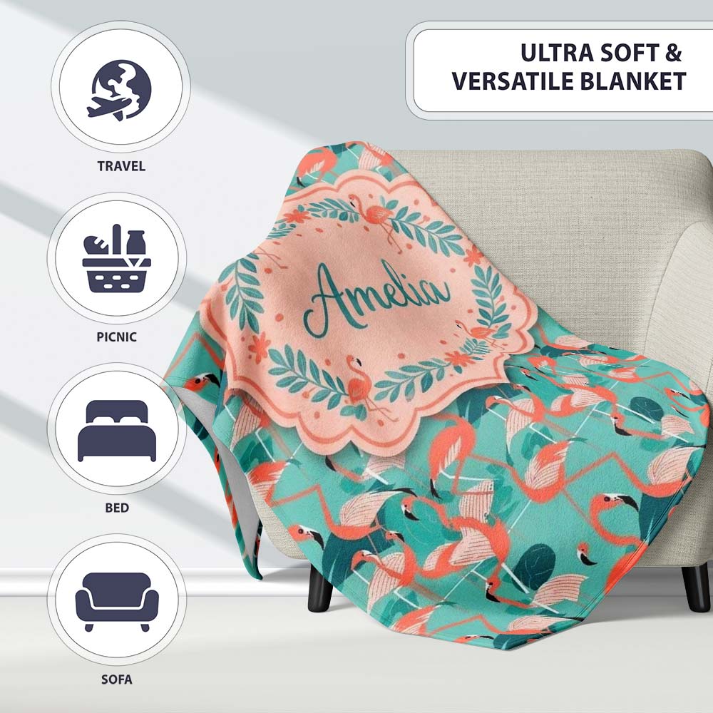 Modern Flamingo Birds with Teal Tropical Leaves Seamless Pattern  Personalised Custom Name Super Soft Fleece Blanket Bed Sofa Throw