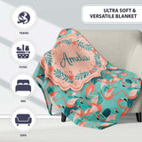 Modern Flamingo Birds with Teal Tropical Leaves Seamless Pattern  Personalised Custom Name Super Soft Fleece Blanket Bed Sofa Throw