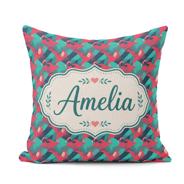 Custom Name Flamingo with Geometric Tropical Background Seamless Square Filled Cushion Throw Pillow Sofa Bed Home Decor Zip Washable UK Made