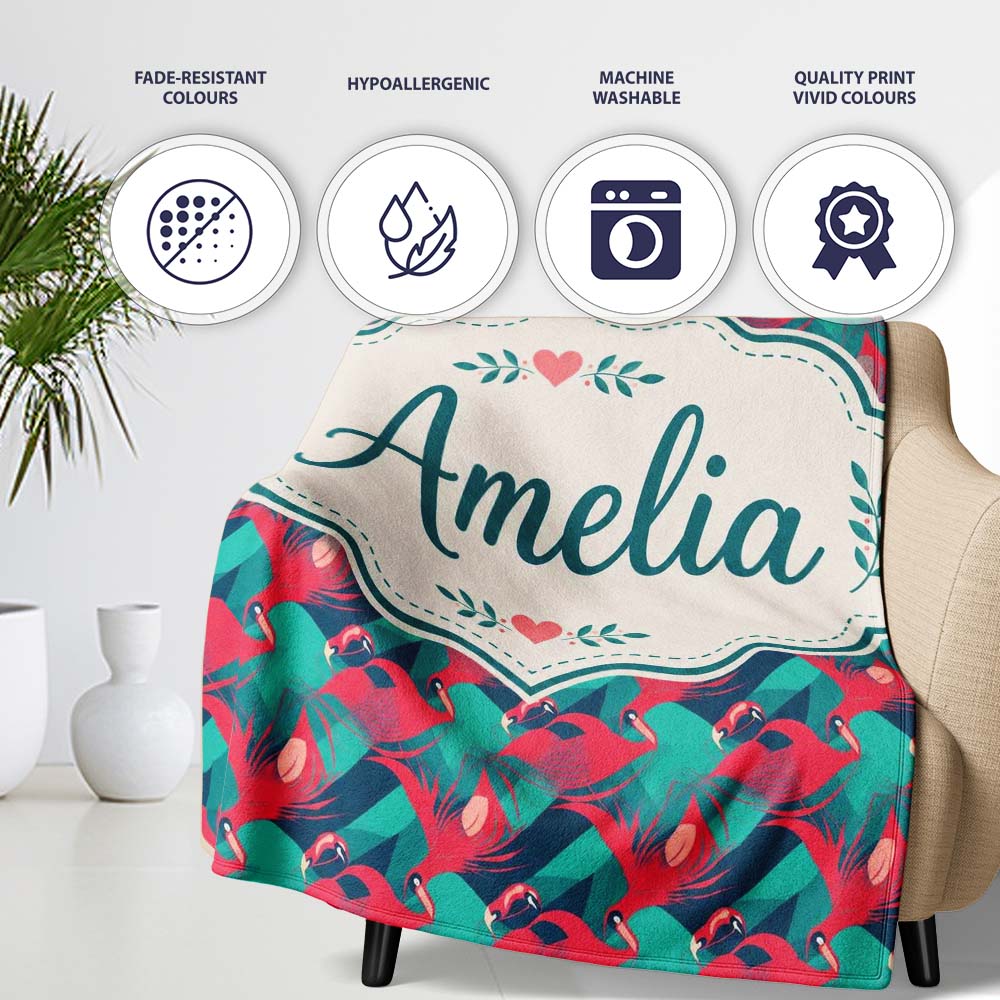 Stylish Flamingo Birds with Geometric Tropical Background Seamless  Personalised Custom Name Super Soft Fleece Blanket Bed Sofa Throw