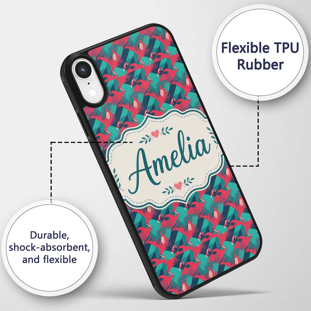 Stylish Flamingo Birds with Geometric Tropical Custom Name Protective Phone Case Mobile Cover Durable Everyday Smartphone Shock Resistant