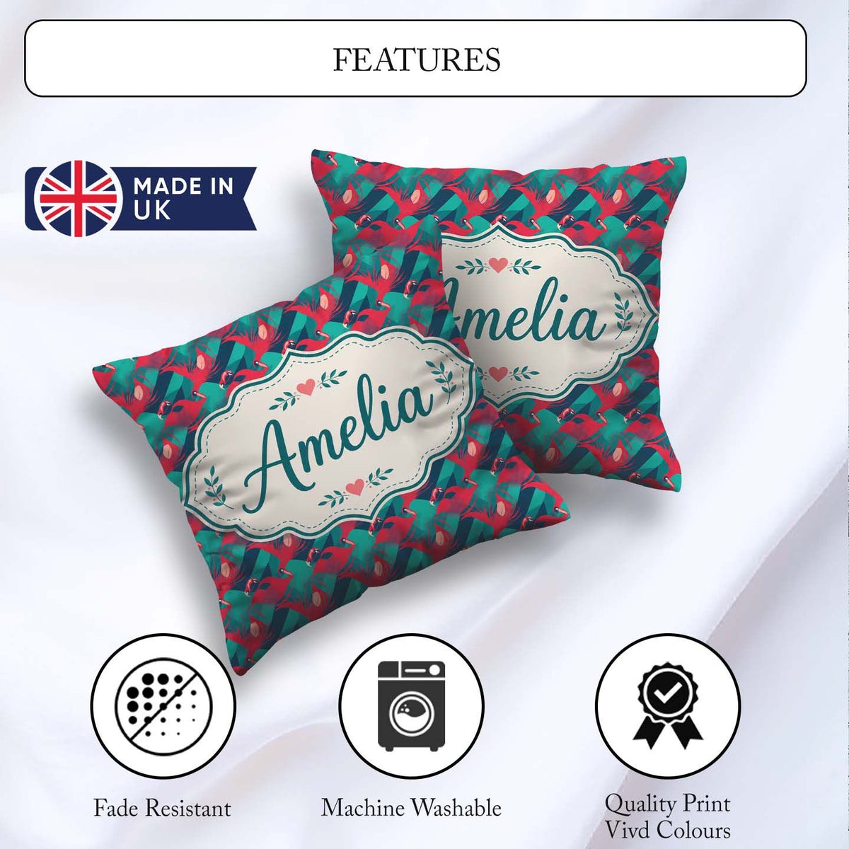 Custom Name Flamingo with Geometric Tropical Background Seamless Square Filled Cushion Throw Pillow Sofa Bed Home Decor Zip Washable UK Made