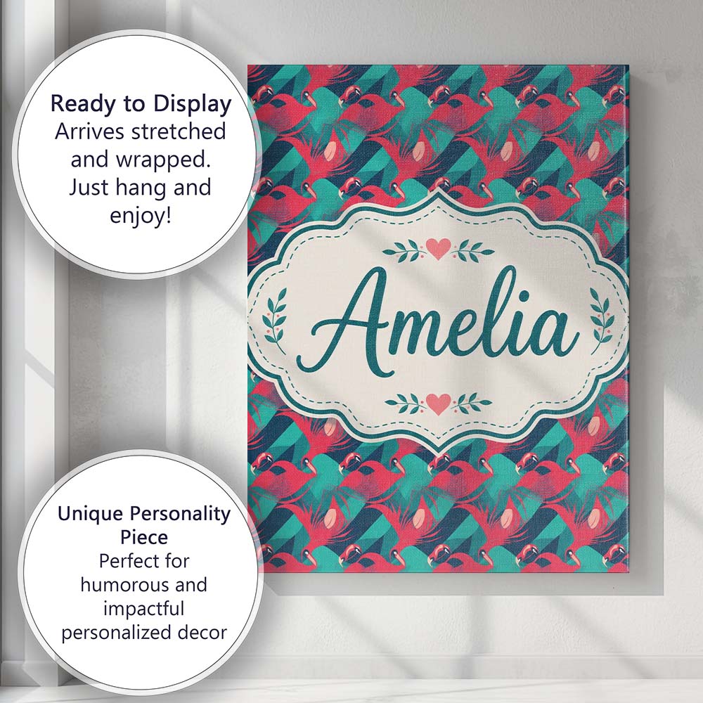 Personalised Name Stylish Flamingo Birds Custom  Unique Gift Idea Elegant Feature Canvas Wall Art Print Decor Picture Ready to Hang