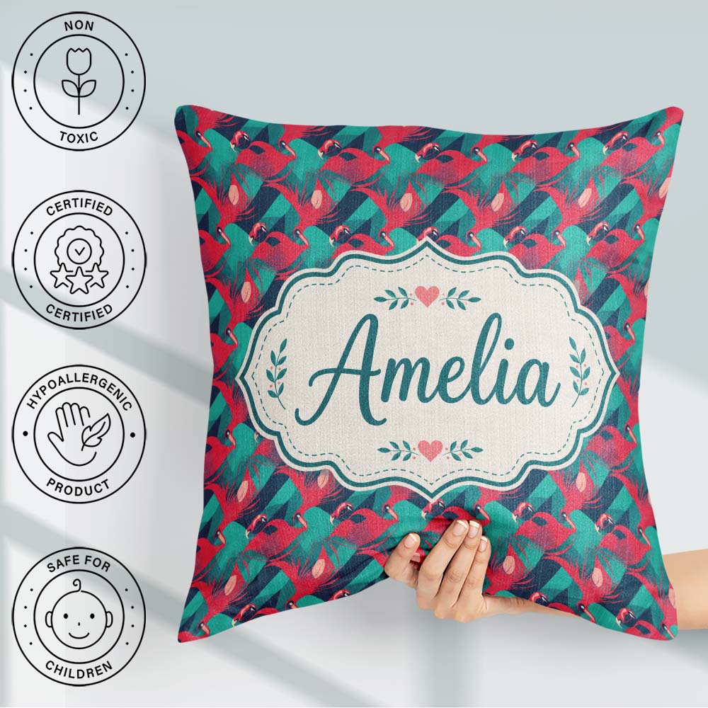 Custom Name Flamingo with Geometric Tropical Background Seamless Square Filled Cushion Throw Pillow Sofa Bed Home Decor Zip Washable UK Made