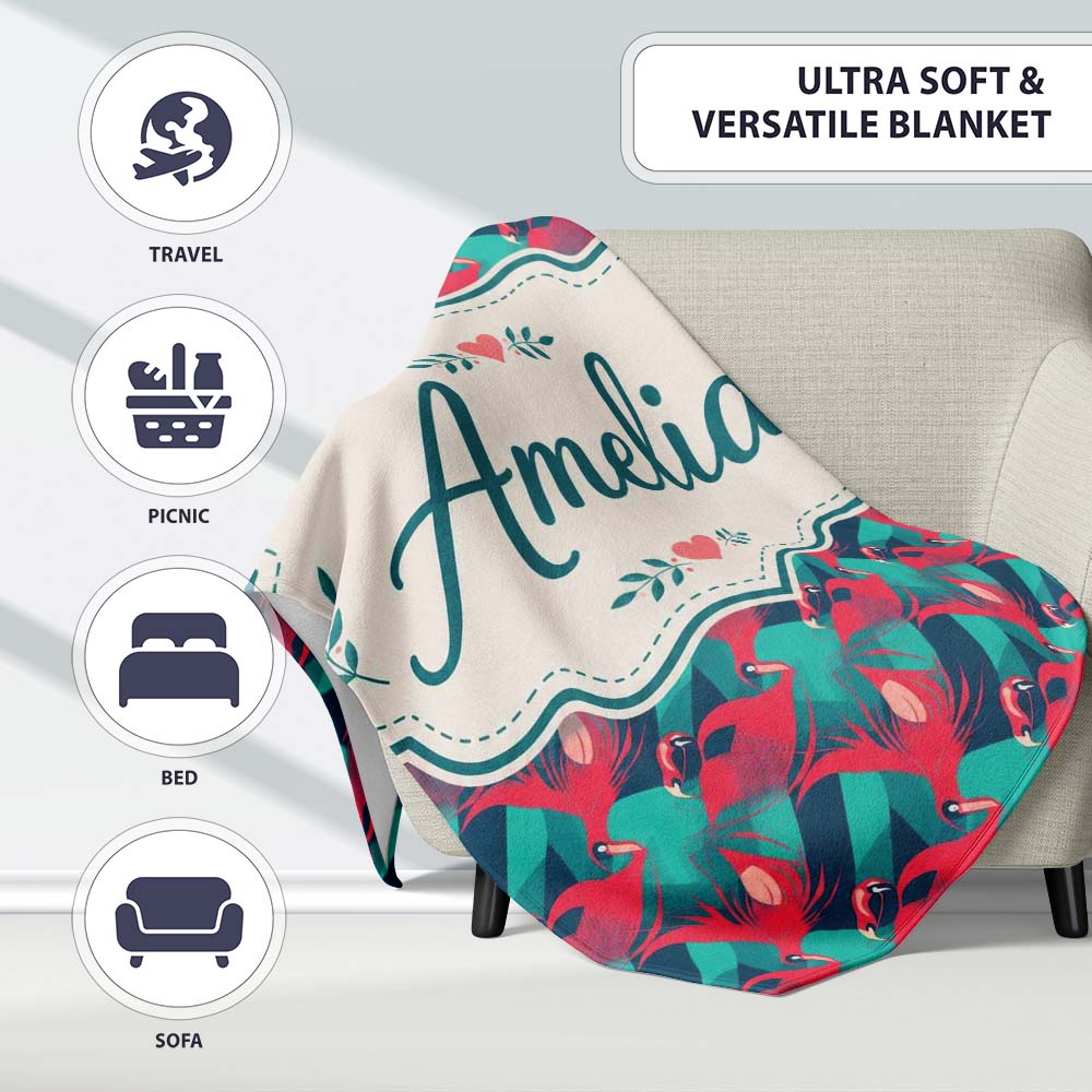 Stylish Flamingo Birds with Geometric Tropical Background Seamless  Personalised Custom Name Super Soft Fleece Blanket Bed Sofa Throw