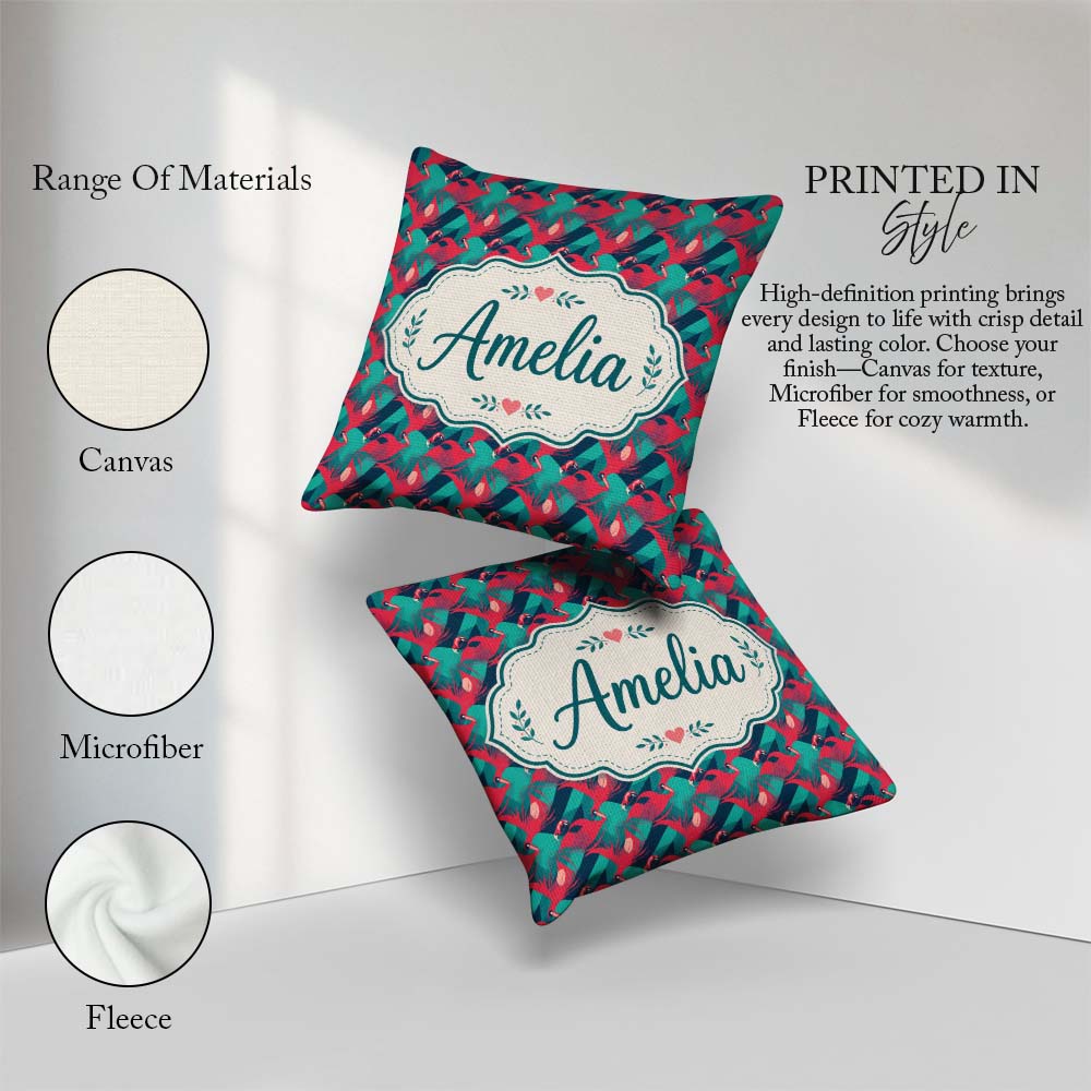Custom Name Flamingo with Geometric Tropical Background Seamless Square Filled Cushion Throw Pillow Sofa Bed Home Decor Zip Washable UK Made