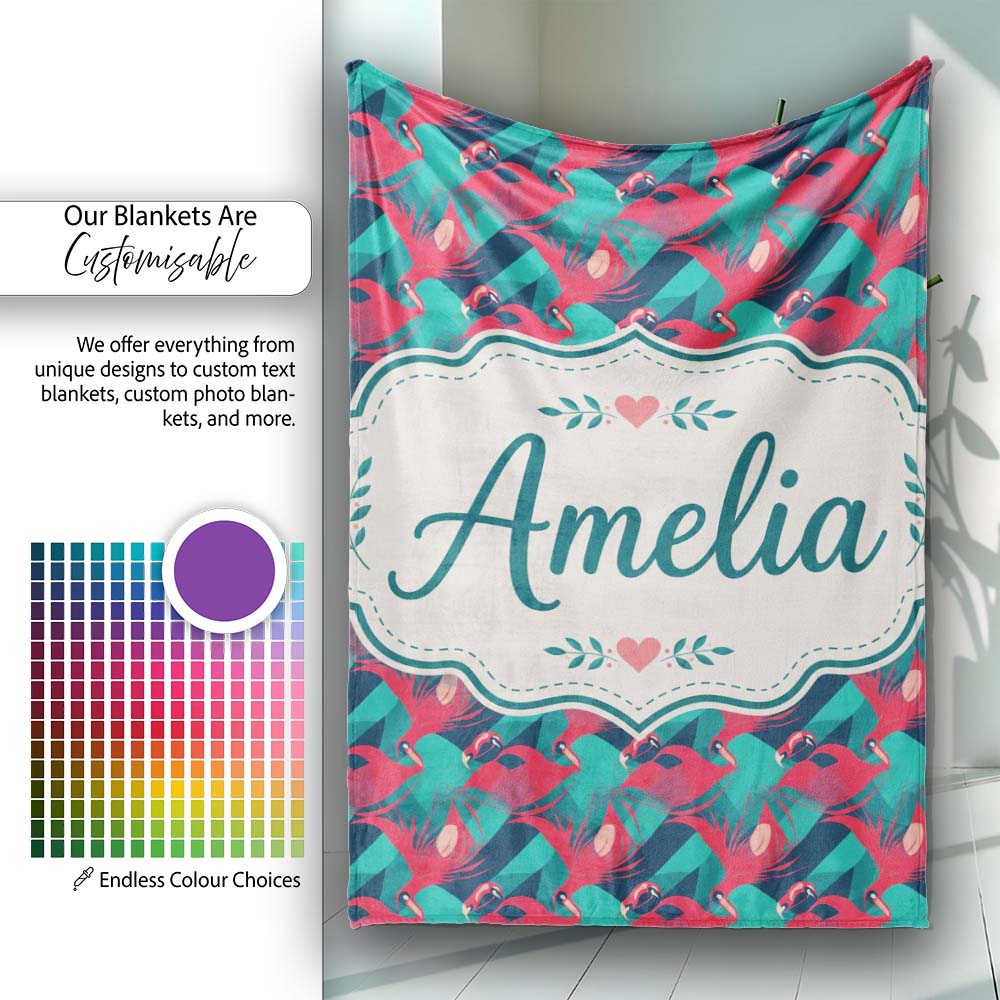 Stylish Flamingo Birds with Geometric Tropical Background Seamless  Personalised Custom Name Super Soft Fleece Blanket Bed Sofa Throw