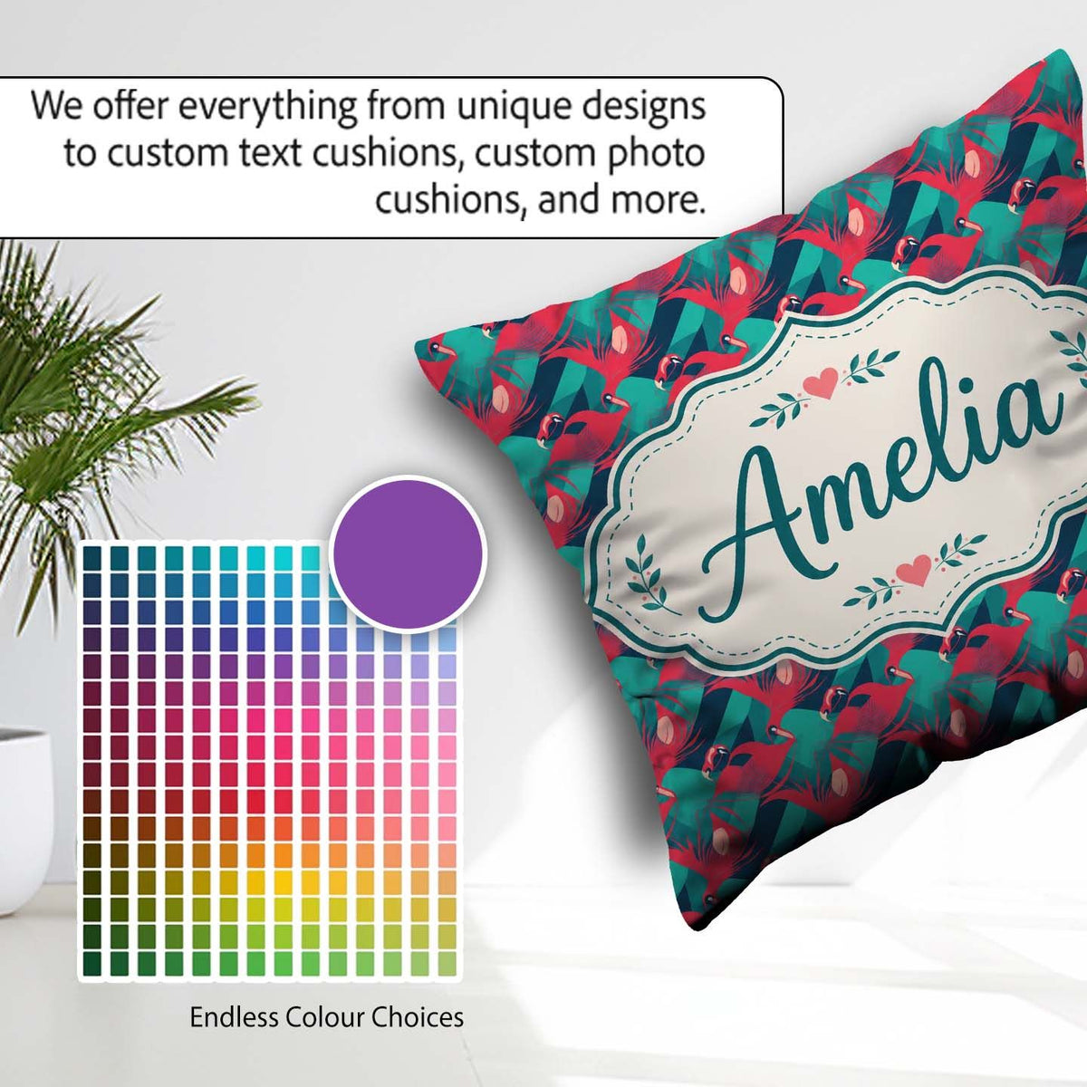 Custom Name Flamingo with Geometric Tropical Background Seamless Square Filled Cushion Throw Pillow Sofa Bed Home Decor Zip Washable UK Made