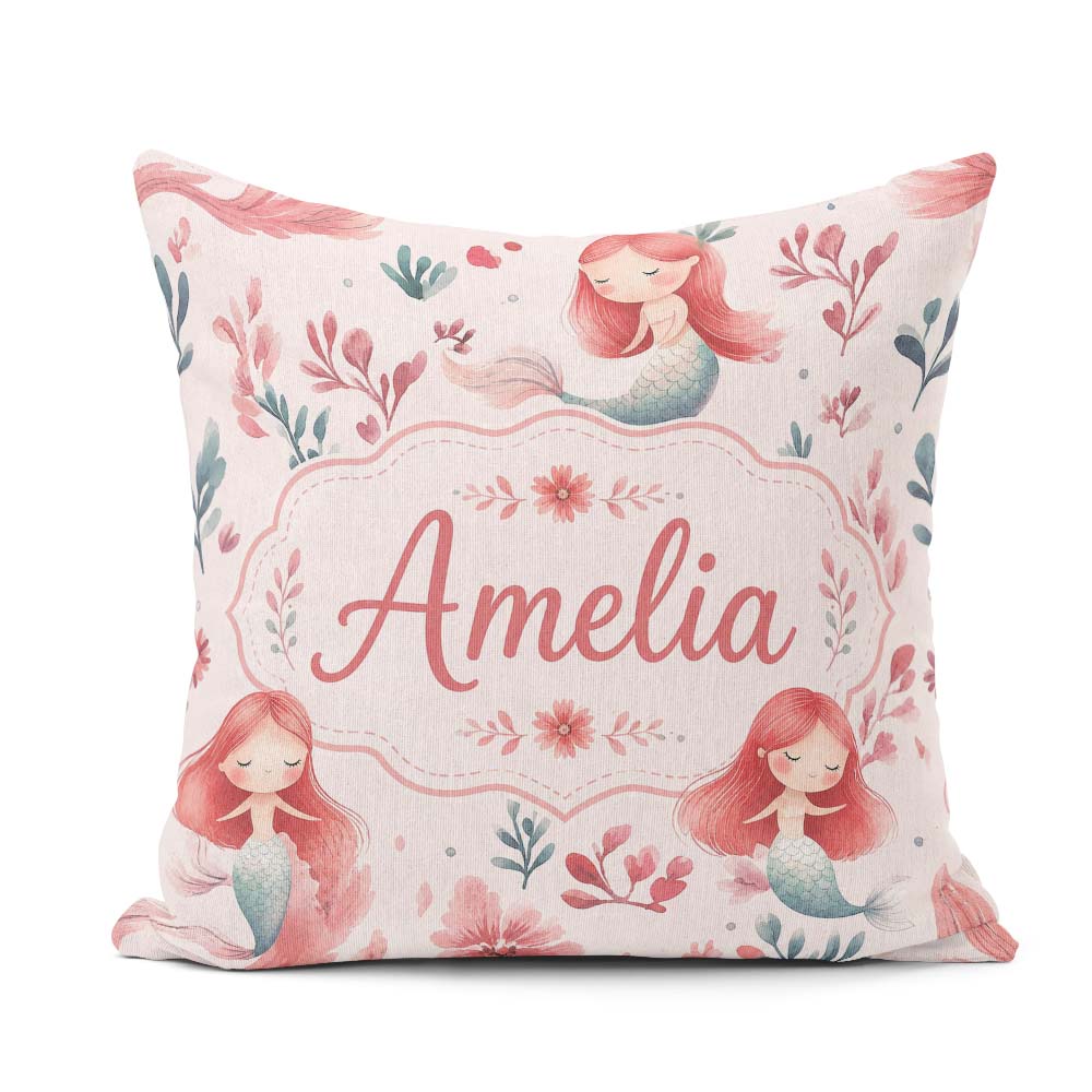 Custom Name Little Mermaids with Soft Floral Background Seamless Square Filled Cushion Throw Pillow Sofa Bed Home Decor Zip Washable UK Made
