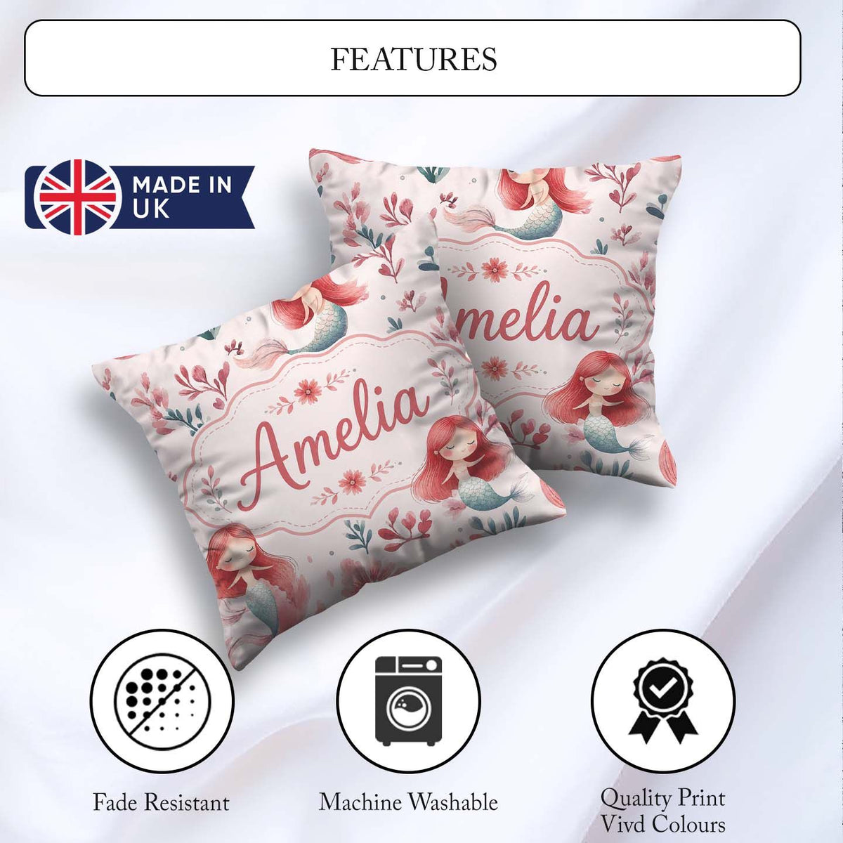 Custom Name Little Mermaids with Soft Floral Background Seamless Square Filled Cushion Throw Pillow Sofa Bed Home Decor Zip Washable UK Made