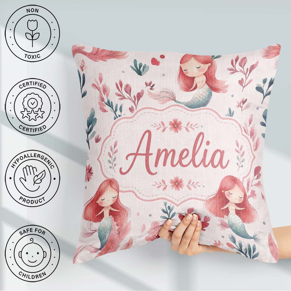 Custom Name Little Mermaids with Soft Floral Background Seamless Square Filled Cushion Throw Pillow Sofa Bed Home Decor Zip Washable UK Made