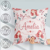 Custom Name Little Mermaids with Soft Floral Background Seamless Square Filled Cushion Throw Pillow Sofa Bed Home Decor Zip Washable UK Made