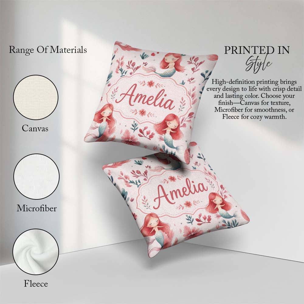 Custom Name Little Mermaids with Soft Floral Background Seamless Square Filled Cushion Throw Pillow Sofa Bed Home Decor Zip Washable UK Made
