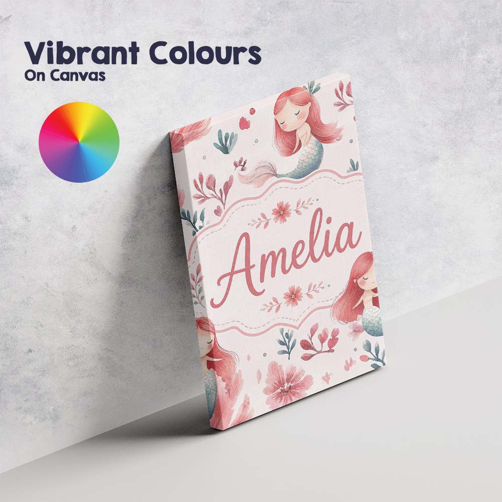 Personalised Name Cute Little Mermaids with Custom  Bespoke Interior Contemporary Canvas Wall Art Print Decor Picture Ready to Hang