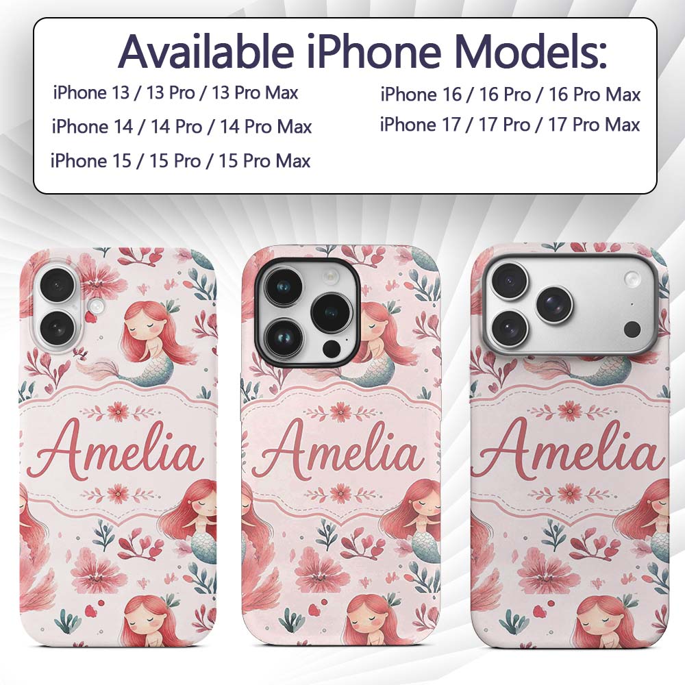 Cute Little Mermaids with Soft Floral Background Custom Name Protective Phone Case Mobile Cover Durable Everyday Smartphone Shock Resistant