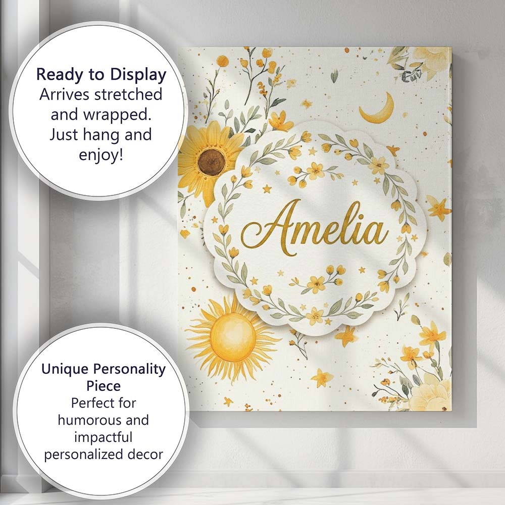 Personalised Name Yellow Sunflowers with Custom  Unique Gift Idea Elegant Feature Canvas Wall Art Print Decor Picture Ready to Hang