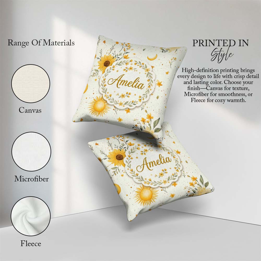 Custom Name Yellow Sunflowers with Botanical Background Seamless Square Filled Cushion Throw Pillow Sofa Bed Home Decor Zip Washable UK Made