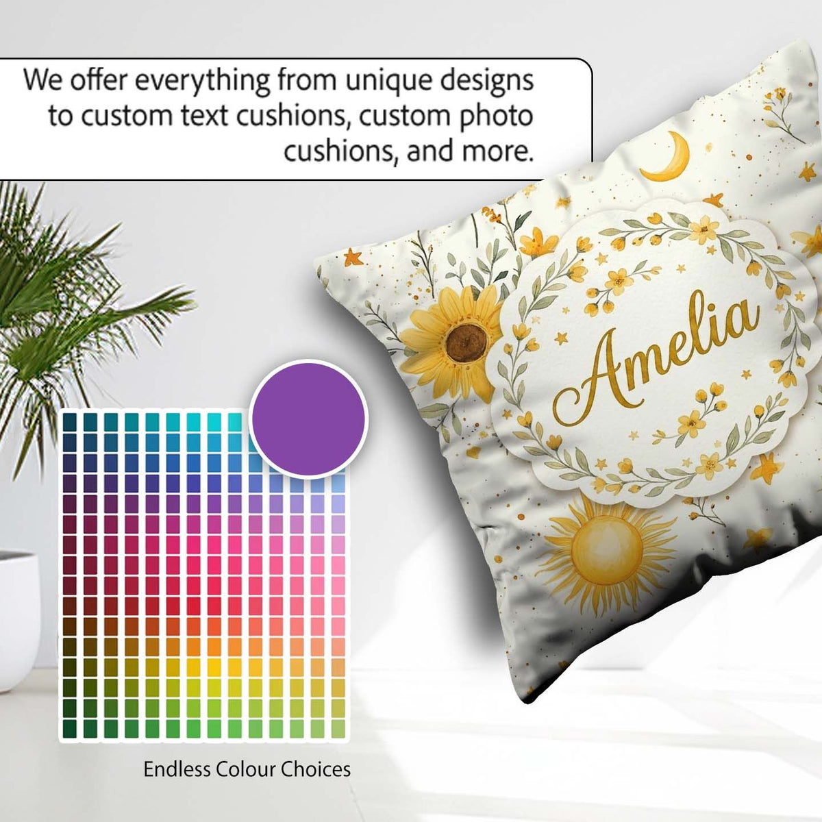 Custom Name Yellow Sunflowers with Botanical Background Seamless Square Filled Cushion Throw Pillow Sofa Bed Home Decor Zip Washable UK Made