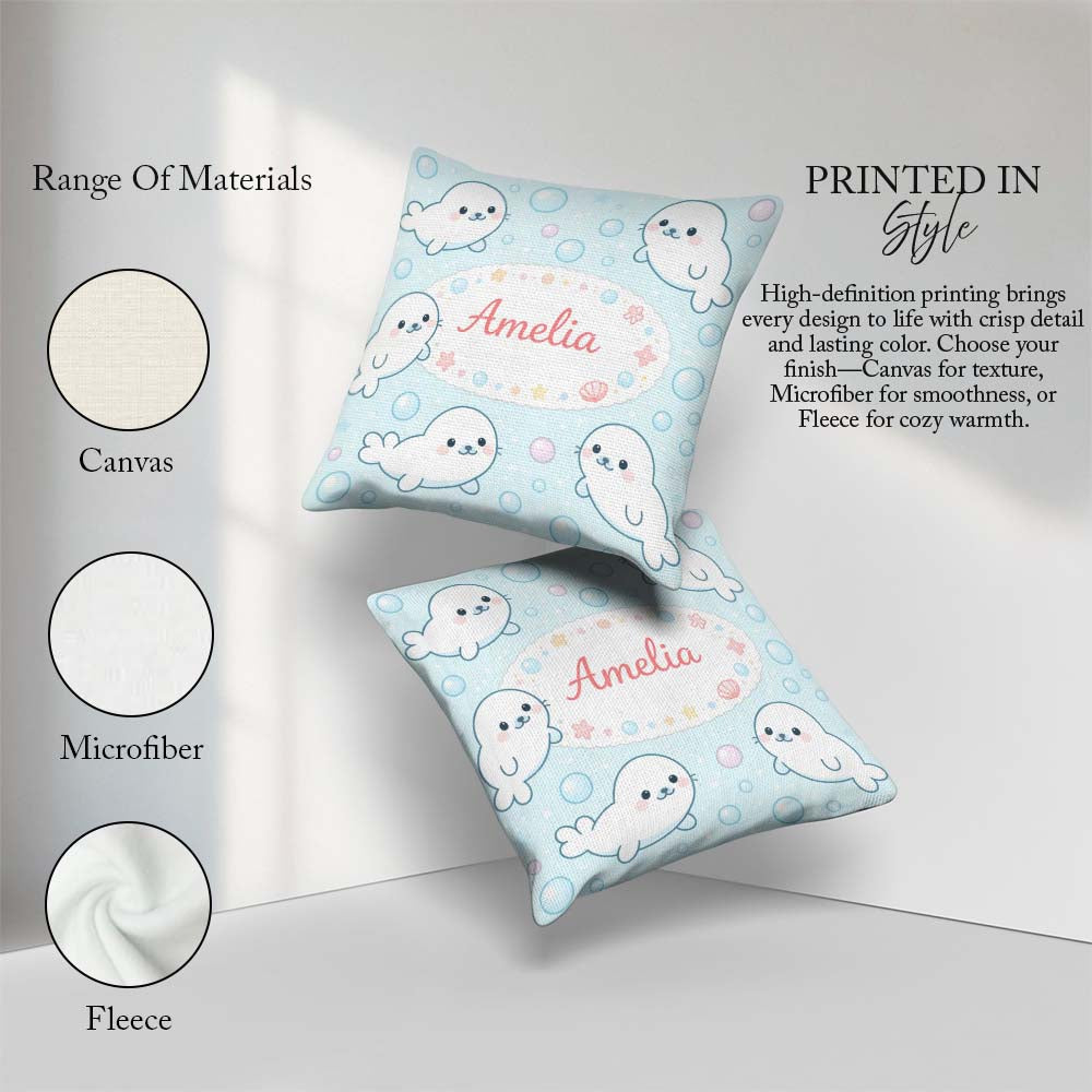 Custom Name Kawaii Seal Cartoon Animal Ocean Pattern Everyday Square Filled Cushion Throw Pillow Sofa Bed Home Decor Zip Washable UK Made
