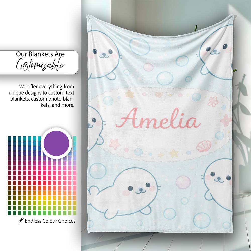 Cute Kawaii Seal Cartoon Animal Ocean Pattern Stylish Everyday   Personalised Custom Name Super Soft Fleece Blanket Bed Sofa Throw