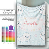 Cute Kawaii Seal Cartoon Animal Ocean Pattern Stylish Everyday   Personalised Custom Name Super Soft Fleece Blanket Bed Sofa Throw