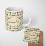 Personalized Custom Name Vintage Distressed Diamond Geometric Seamless Pattern Lovely 11oz Ceramic Coffee Tea Mug White Large Handle