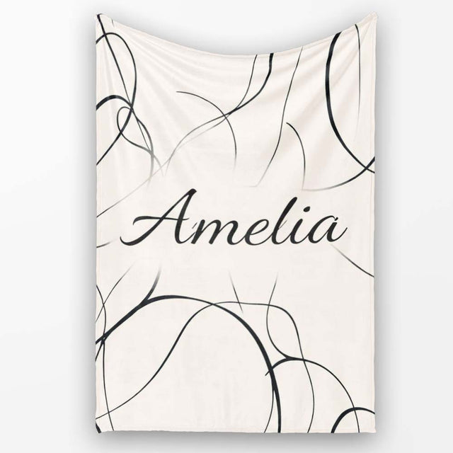 Continuous Line Art Black Cream Minimal Abstract Pattern Lovely  Personalised Custom Name Super Soft Fleece Blanket Bed Sofa Throw
