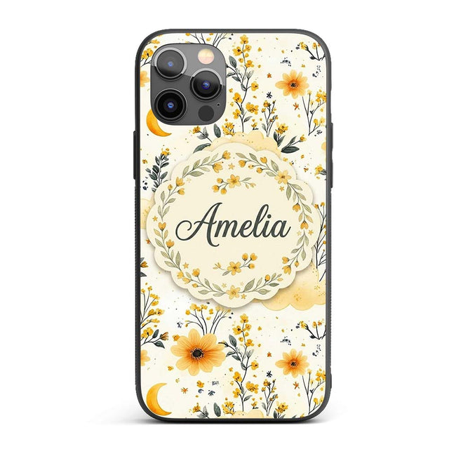 Soft Yellow Clouds Moon and Floral Dream Pattern Custom Name Protective Phone Case Mobile Cover Durable Everyday Smartphone Shock Resistant
