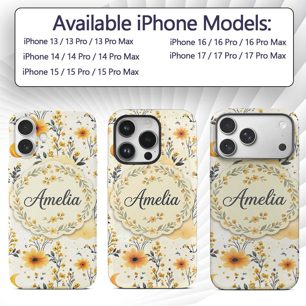 Soft Yellow Clouds Moon and Floral Dream Pattern Custom Name Protective Phone Case Mobile Cover Durable Everyday Smartphone Shock Resistant