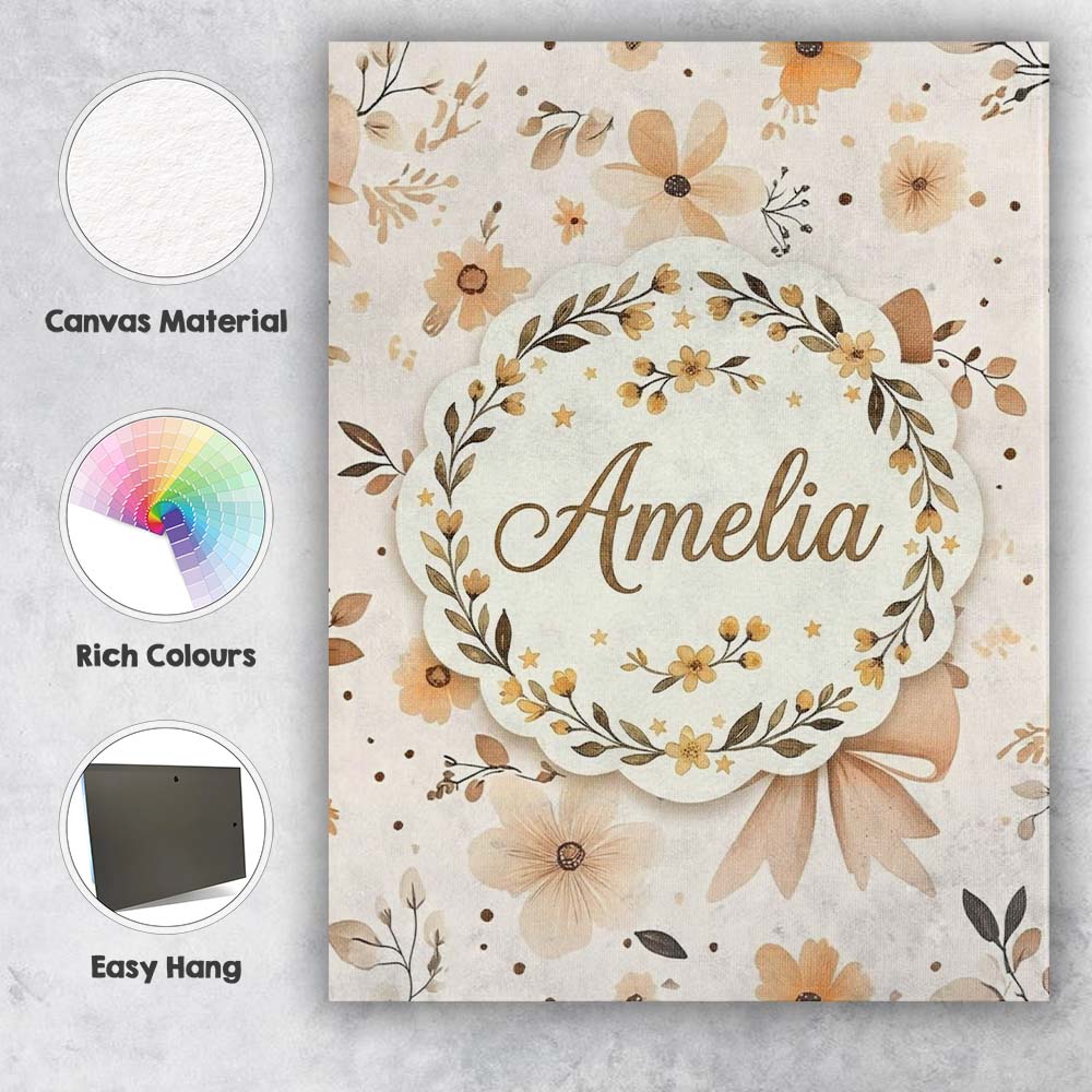 Personalised Name Elegant Neutral Floral Custom  Interior Decorative Contemporary Canvas Wall Art Print Decor Picture Ready to Hang