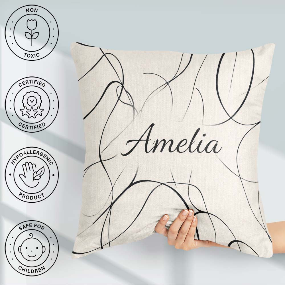 Custom Name Line Art Black Cream Minimal Abstract Pattern Lovely Square Filled Cushion Throw Pillow Sofa Bed Home Decor Zip Washable UK Made