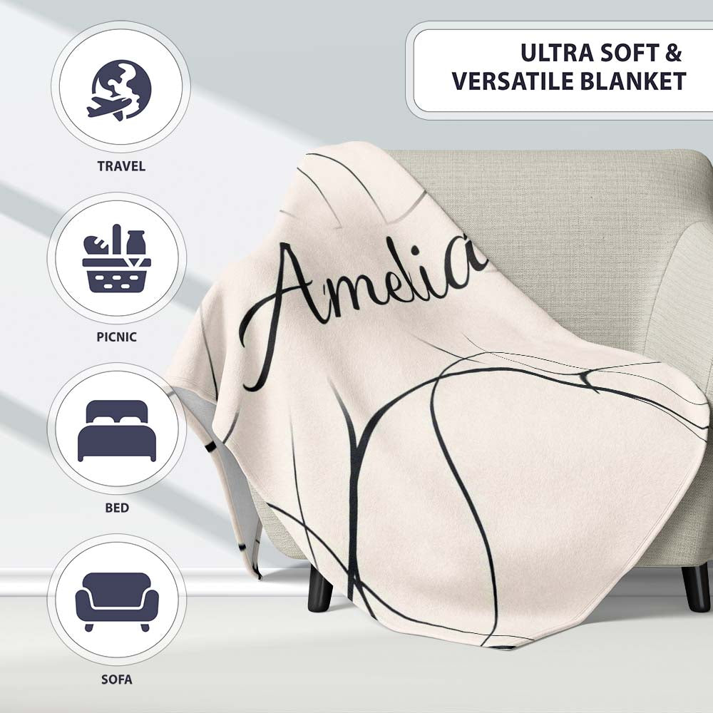 Continuous Line Art Black Cream Minimal Abstract Pattern Lovely  Personalised Custom Name Super Soft Fleece Blanket Bed Sofa Throw