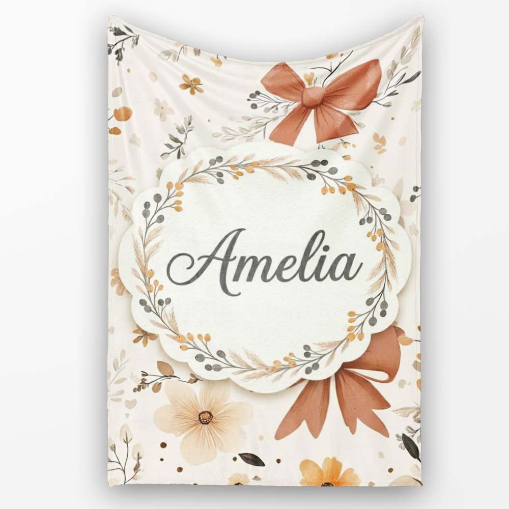 Neutral Beige Bows with Soft Floral Botanical Design Seamless Lovely  Personalised Custom Name Super Soft Fleece Blanket Bed Sofa Throw