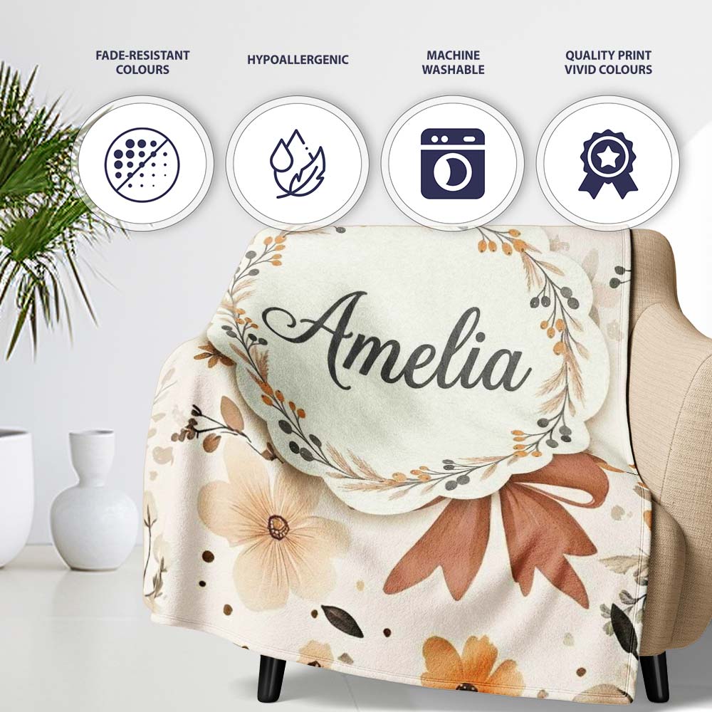 Neutral Beige Bows with Soft Floral Botanical Design Seamless Lovely  Personalised Custom Name Super Soft Fleece Blanket Bed Sofa Throw