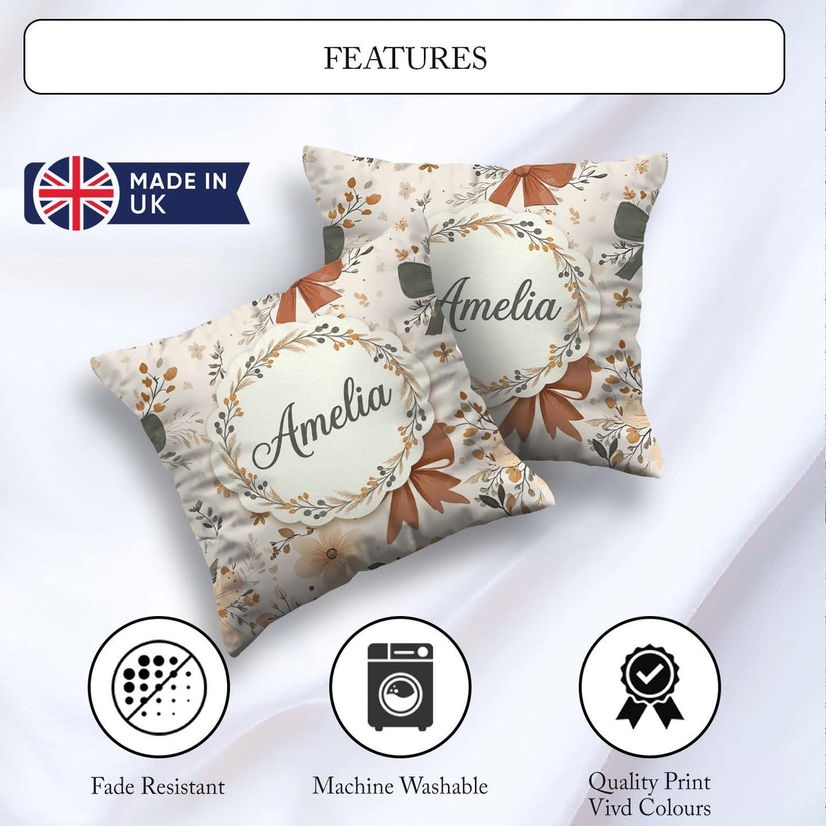 Custom Name Neutral Beige Bows with Soft Floral Botanical Design Square Filled Cushion Throw Pillow Sofa Bed Home Decor Zip Washable UK Made